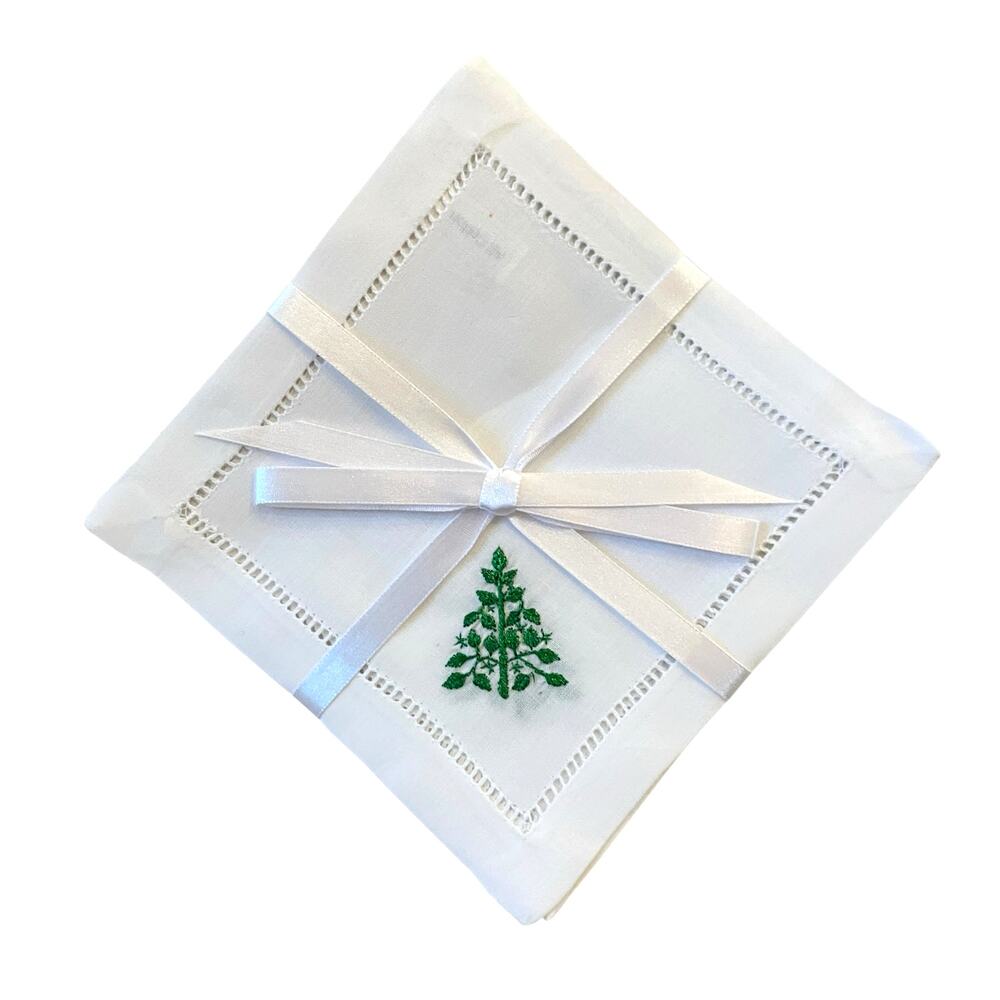 Henry Handwork Hemstitch Cotton Cocktail Napkins w/ Embroidered Green Tree 6x6